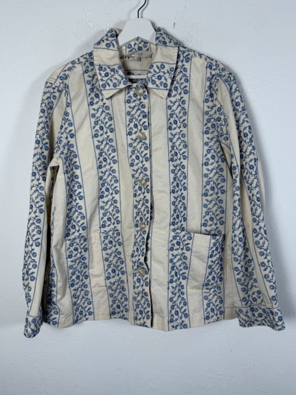 Loft Womens Embroidered Floral Striped Chore Jacket Blue Button Front Medium